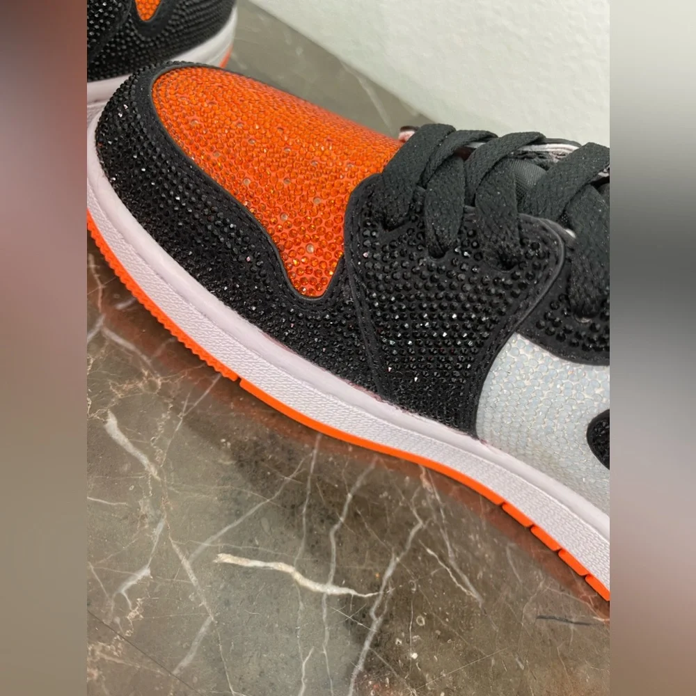 Custom Black, Orange & White Rhinstone Nike Air Jordan Sneakers, Men's 8/ Womens